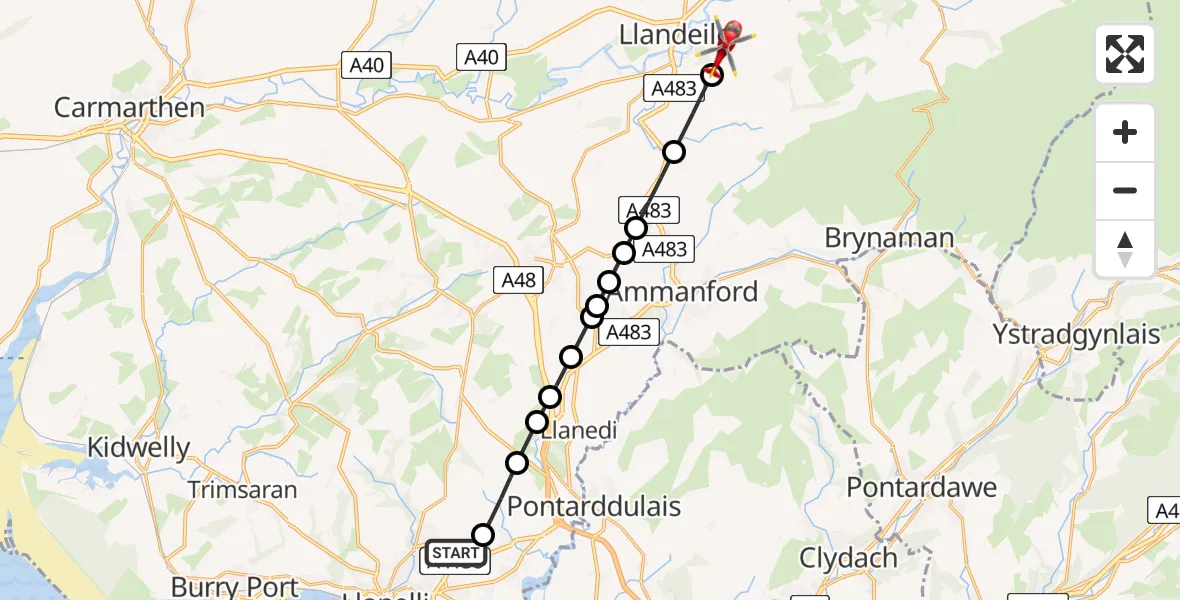 Flight path map showing Air Ambulance Helicopter route from Dafen to Llandeilo