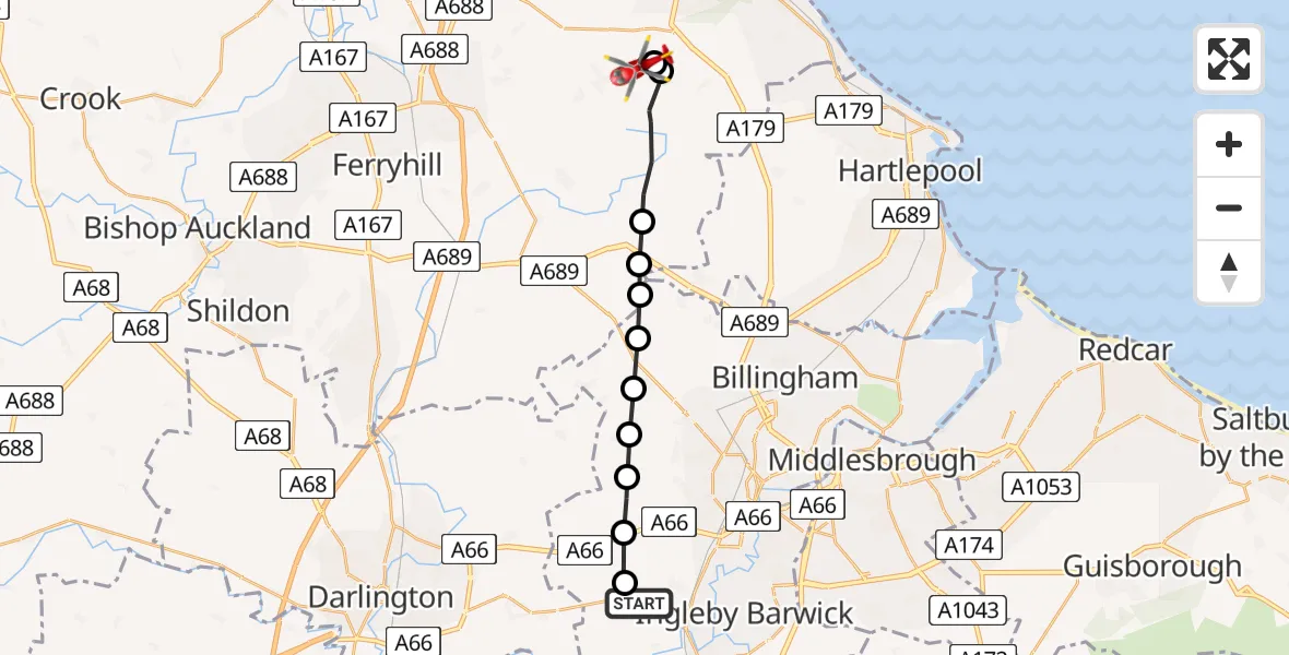 Flight path map showing Air Ambulance Helicopter route from Aislaby to Wingate