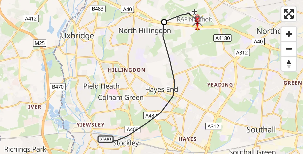 Flight path map showing Air Ambulance Helicopter route from London Borough of Hillingdon to RAF Northolt