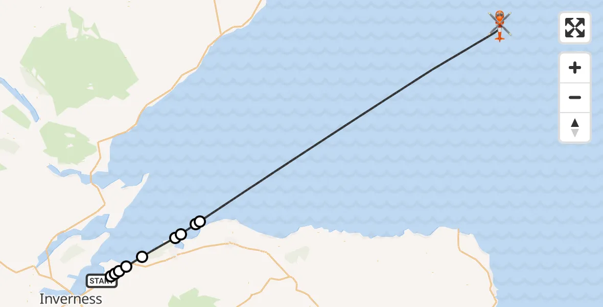Flight path map showing Coastguard Helicopter route from Inverness Airport to North Sea
