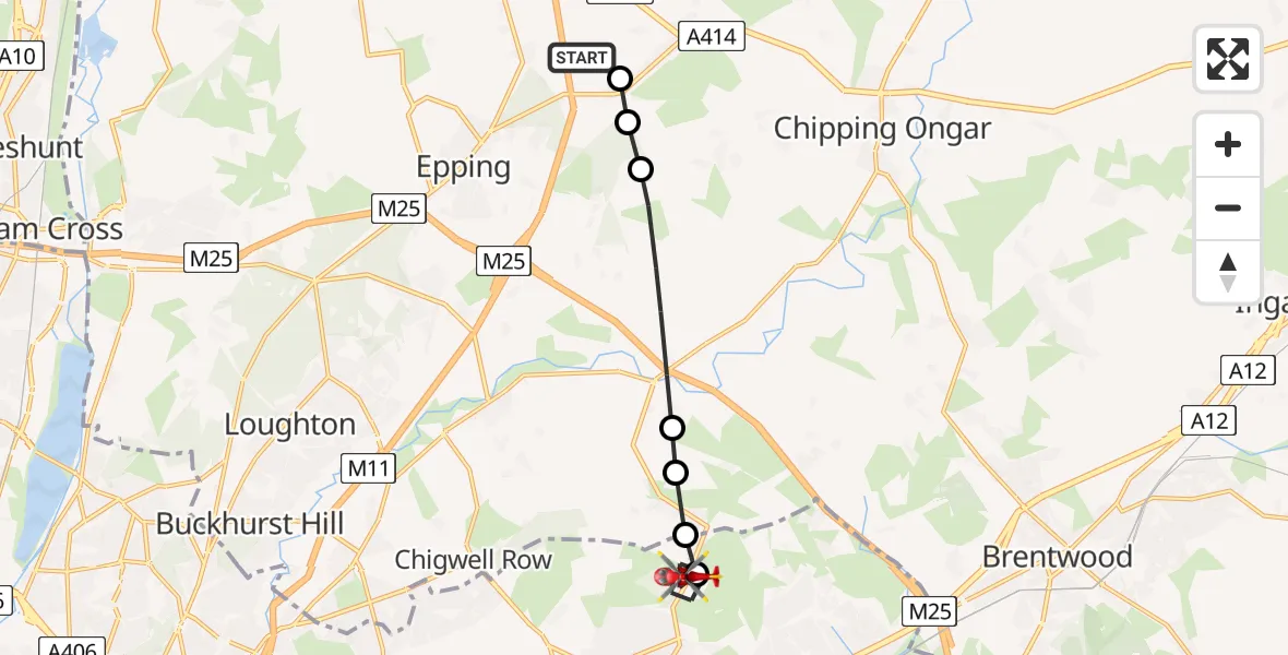 Flight path map showing Air Ambulance Helicopter route from North Weald Airfield to London Borough of Havering