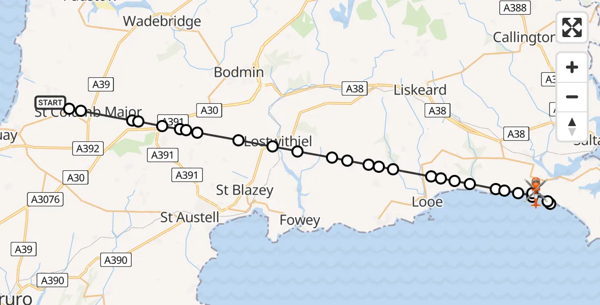 Flight path map showing Coastguard Helicopter route from Cornwall Airport Newquay to Crafthole