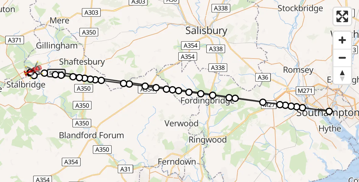 Flight path map showing Air Ambulance Helicopter route from Todber to Henstridge Airfield