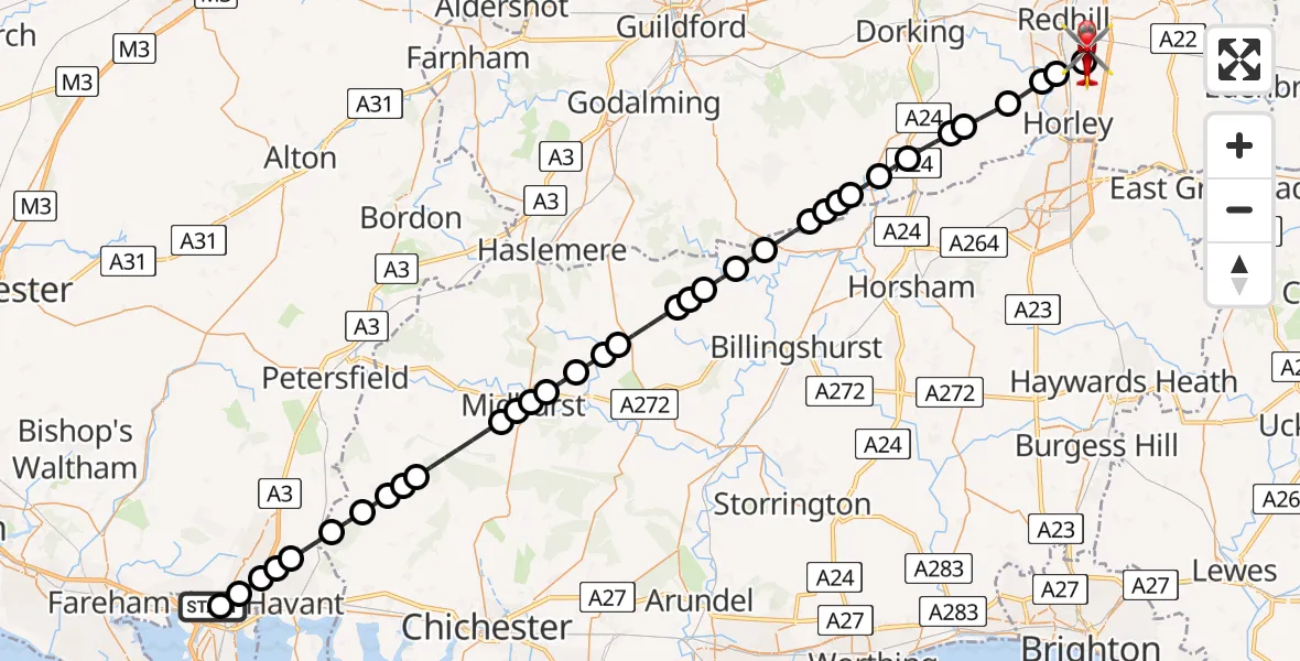 Flight path map showing Air Ambulance Helicopter route from Queen Alexandra Hospital to Redhill Aerodrome