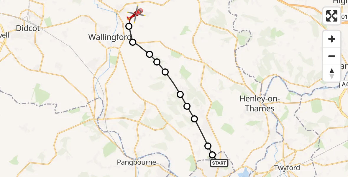 Flight path map showing Air Ambulance Helicopter route from Reading to RAF Benson