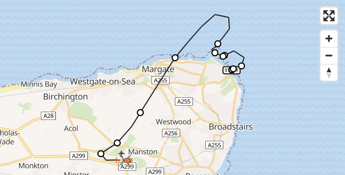 Flight path map showing Coastguard Helicopter route from Broadstairs to Manston Airport