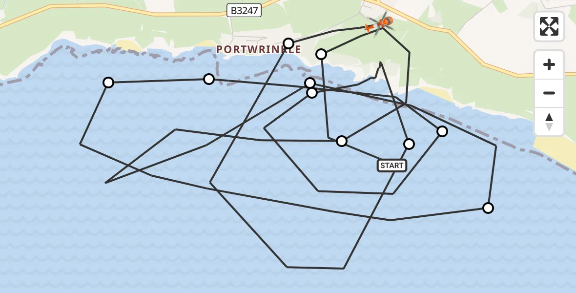 Flight path map showing Coastguard Helicopter route from English Channel to Crafthole
