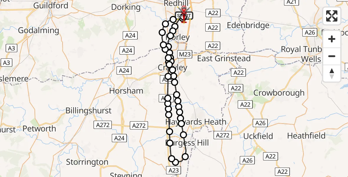 Flight path map showing Air Ambulance Helicopter route from Redhill Aerodrome to Redhill Aerodrome
