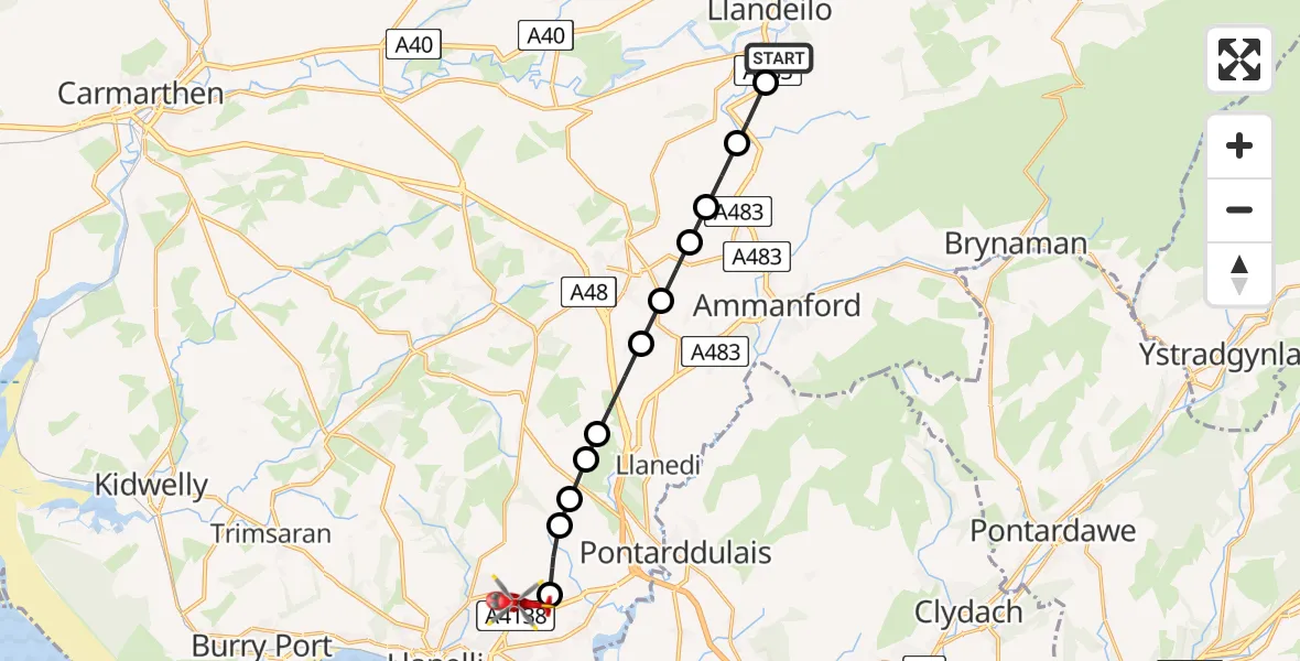 Flight path map showing Air Ambulance Helicopter route from Ffairfach to Dafen