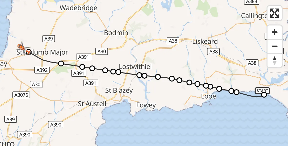 Flight path map showing Coastguard Helicopter route from Crafthole to Cornwall Airport Newquay