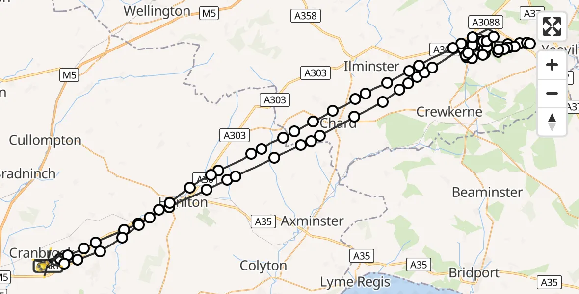 Flight path map showing Police Helicopter route from Rockbeare to Rockbeare