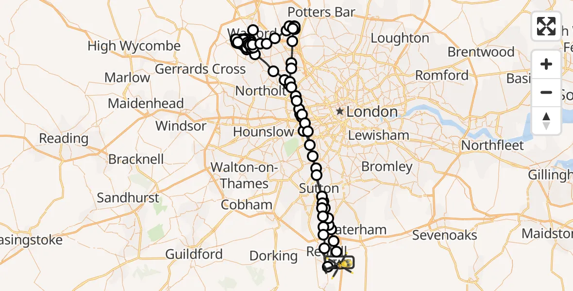 Flight path map showing Police Helicopter route from South Nutfield to Redhill Aerodrome