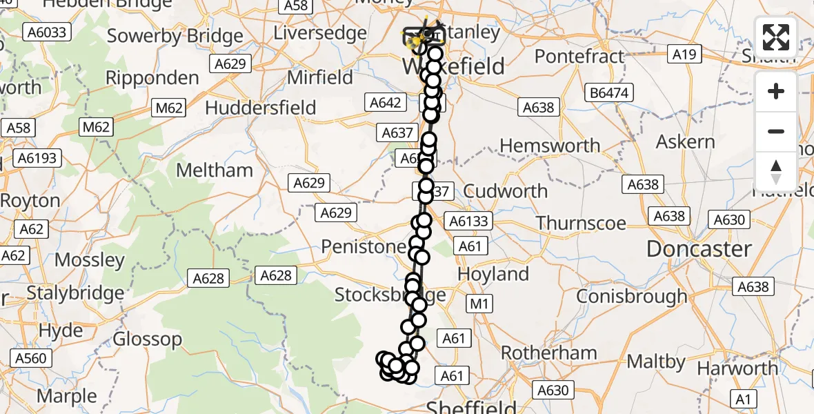 Flight path map showing Police Helicopter route from East Ardsley to East Ardsley
