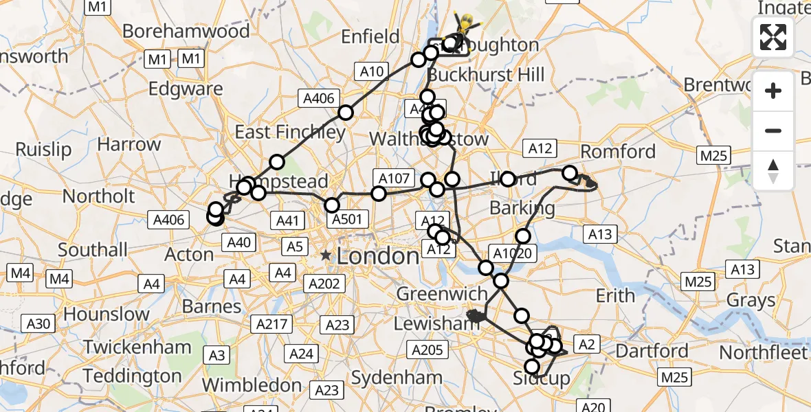 Flight path map showing Police Helicopter route from Sewardstonebury to Sewardstonebury