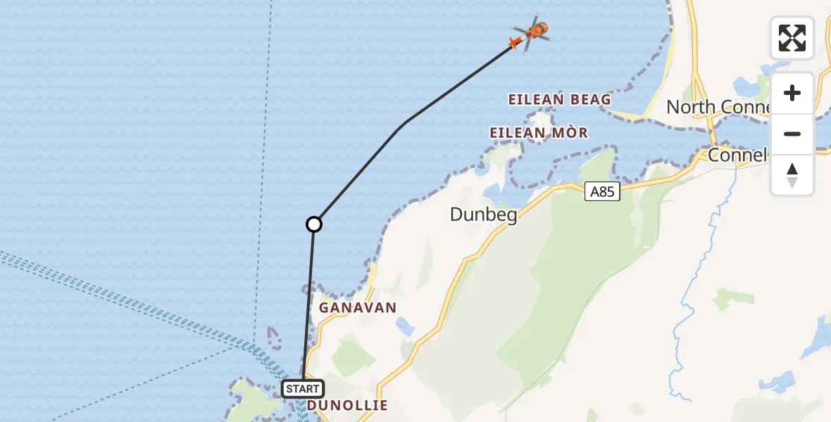 Flight path map showing Coastguard Helicopter route from Kerrera helipad to Inner Seas