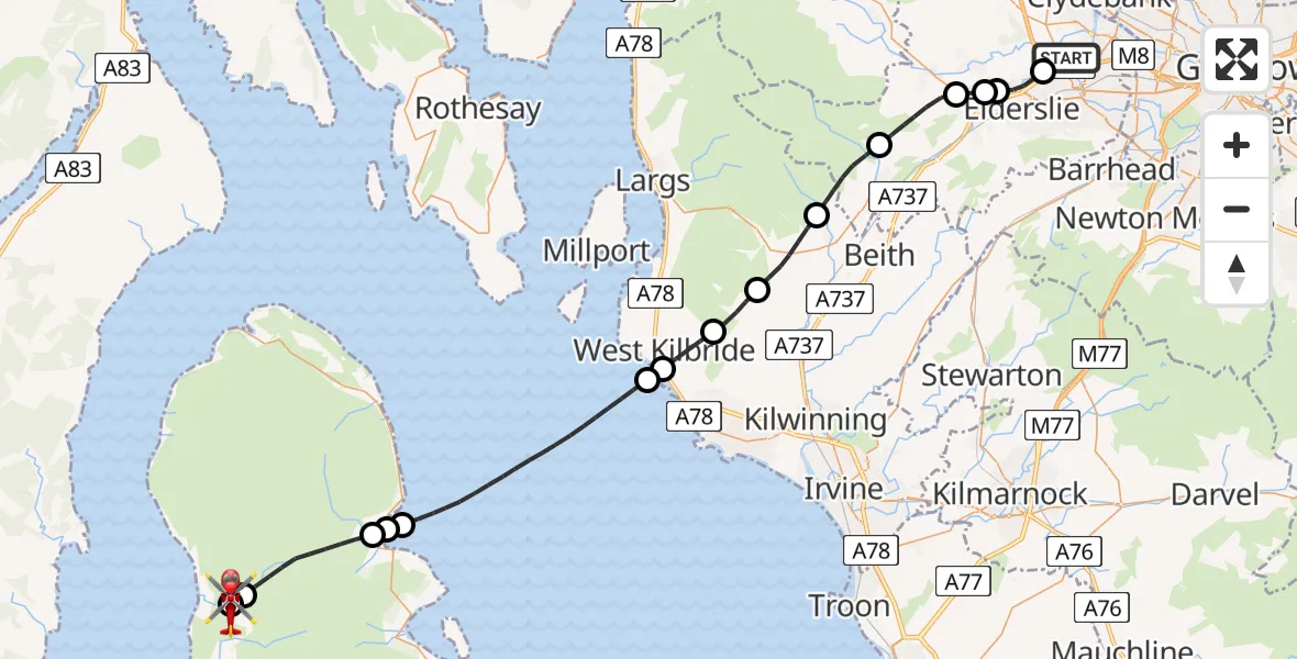 Flight path map showing Air Ambulance Helicopter route from Glasgow Airport to Shiskine