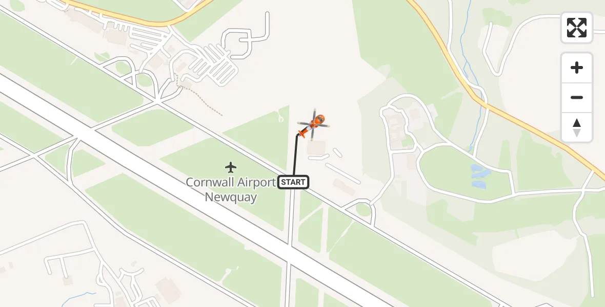 Flight path map showing Coastguard Helicopter route from Cornwall Airport Newquay to Cornwall Airport Newquay