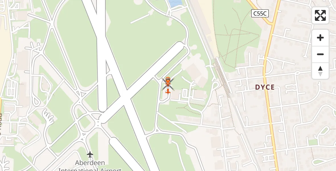 Flight path map showing Coastguard Helicopter route from Aberdeen International Airport to Aberdeen International Airport