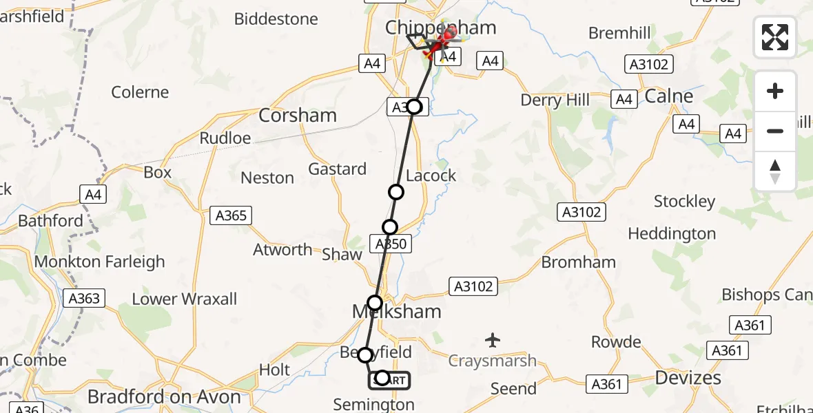 Flight path map showing Air Ambulance Helicopter route from Wiltshire Air Ambulance to Chippenham