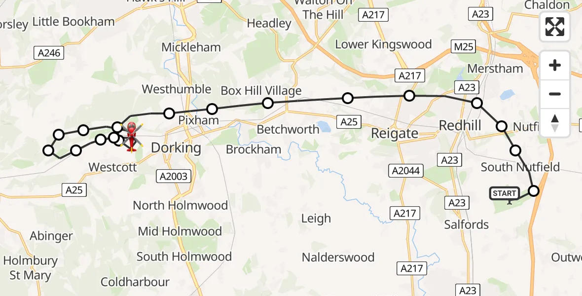 Flight path map showing Air Ambulance Helicopter route from Redhill Aerodrome to Westcott