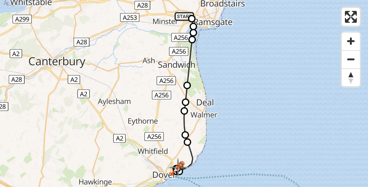 Flight path map showing Coastguard Helicopter route from Manston Airport to Langdon Battery Heliport