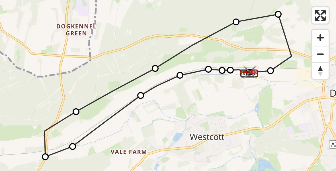 Flight path map showing Air Ambulance Helicopter route from Westcott to Westcott