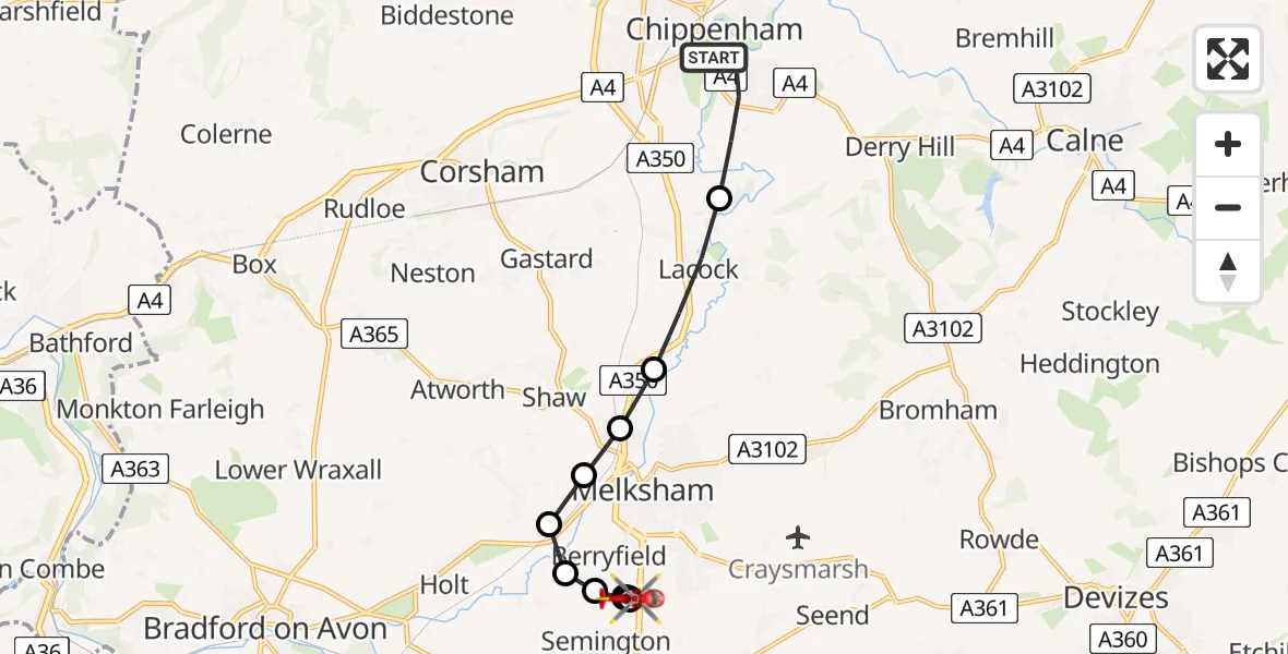 Flight path map showing Air Ambulance Helicopter route from Chippenham to Melksham