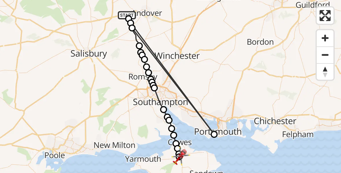 Flight path map showing Air Ambulance Helicopter route from Thruxton to St Marys Hospital Isle Of Wight