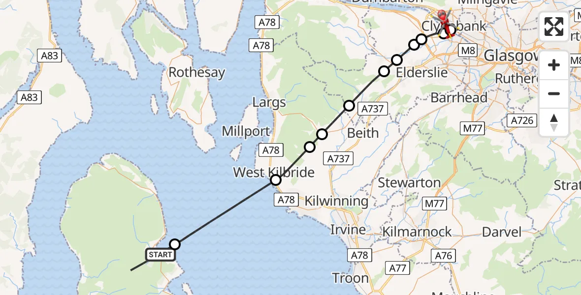 Flight path map showing Air Ambulance Helicopter route from Brodick to Clydebank
