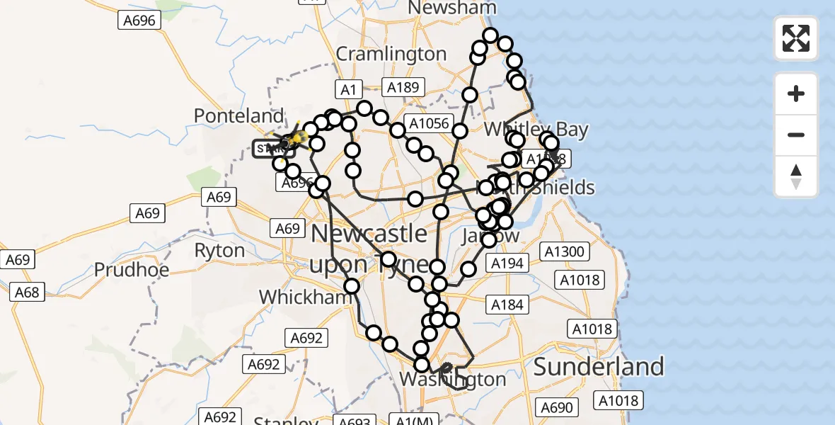 Flight path map showing Police Helicopter route from Newcastle International Airport to Newcastle International Airport