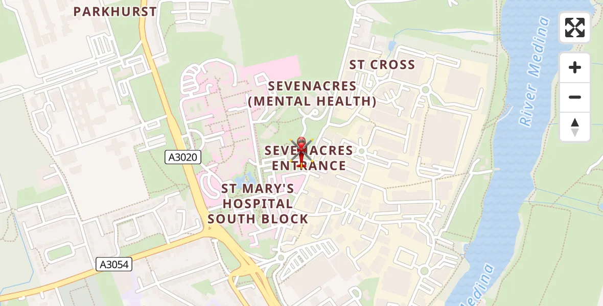 Flight path map showing Air Ambulance Helicopter route from St Marys Hospital Isle Of Wight to St Marys Hospital Isle Of Wight