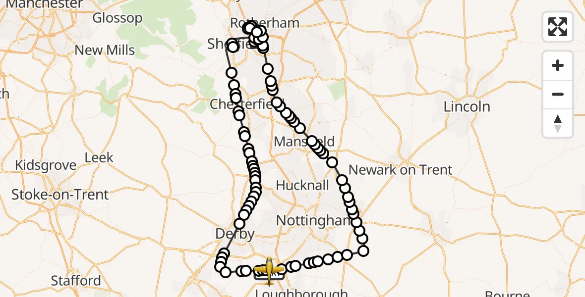 Flight path map showing Police Aircraft route from East Midlands Airport to East Midlands Airport