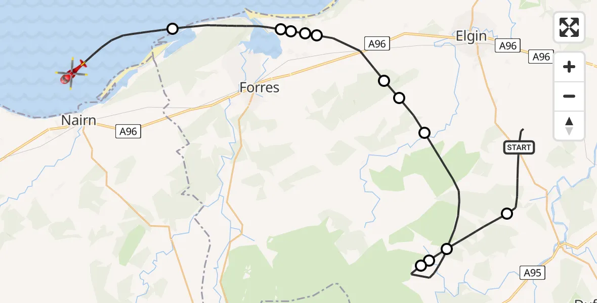 Flight path map showing Air Ambulance Helicopter route from Rothes to North Sea