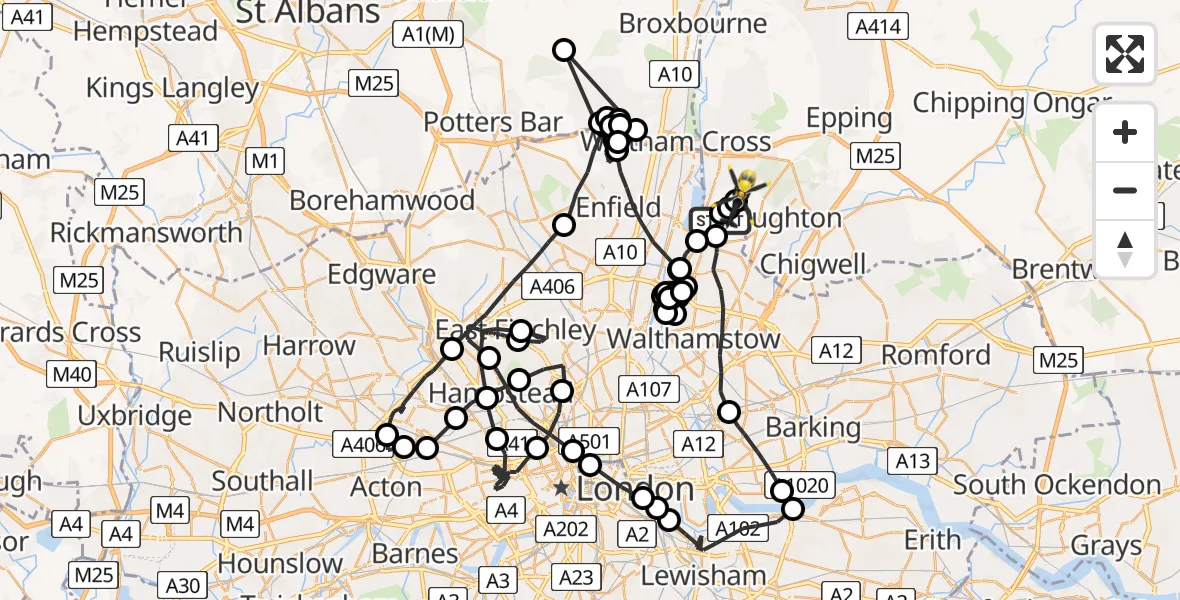 Flight path map showing Police Helicopter route from Greater London to Sewardstonebury