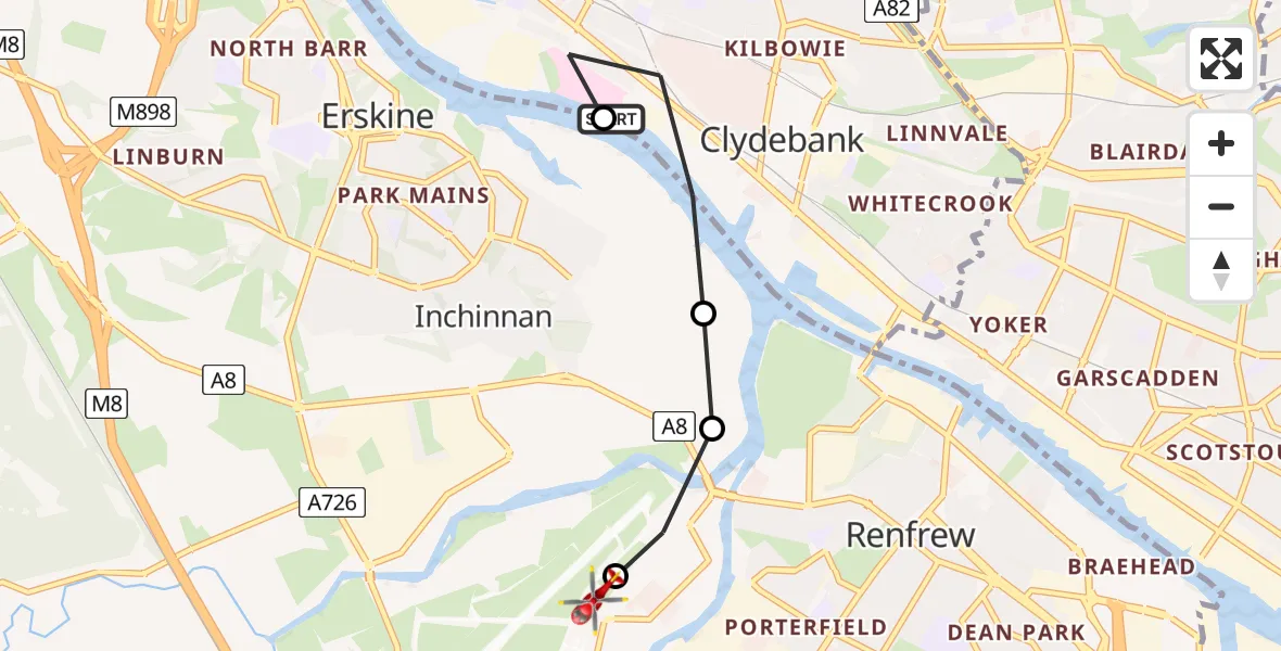 Flight path map showing Air Ambulance Helicopter route from Golden Jubilee Hospital to Glasgow Airport
