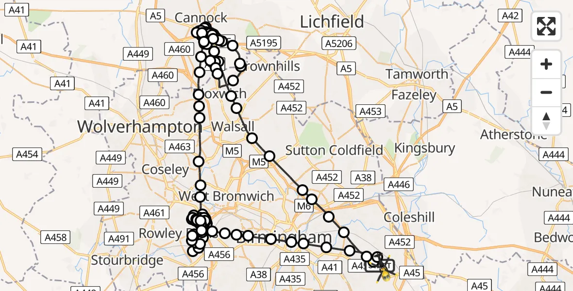 Flight route Police Helicopter Birmingham Airport - Birmingham Airport, 20 March 2026, 22:35