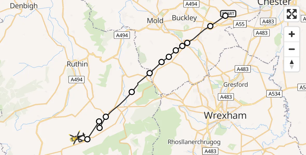 Flight path map showing Police Helicopter route from Hawarden Airport to Bryneglwys