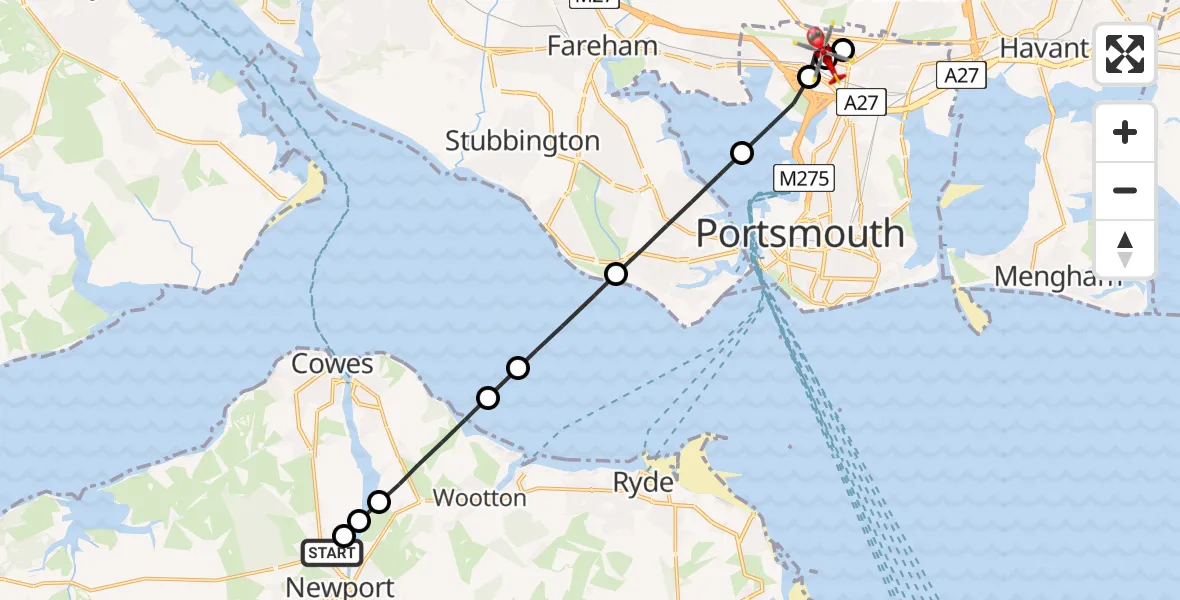 Flight path map showing Air Ambulance Helicopter route from St Marys Hospital Isle Of Wight to Portsmouth