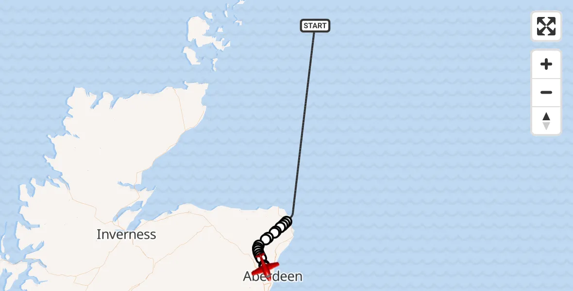 Flight path map showing Air Ambulance Aircraft route from North Sea to Aberdeen City
