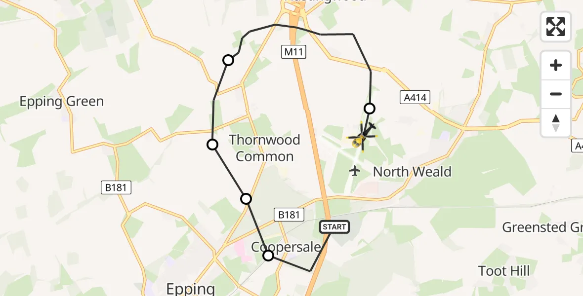 Flight path map showing Police Helicopter route from Coopersale to North Weald Airfield