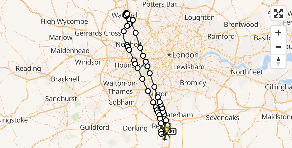 Flight path map showing Police Helicopter route from South Nutfield to Salfords
