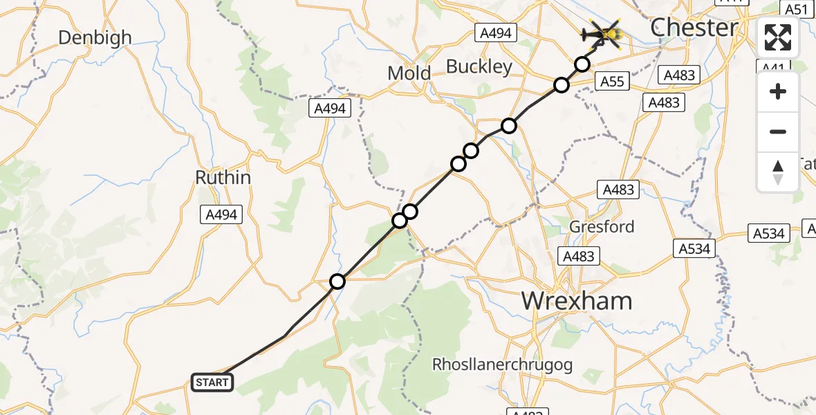 Flight path map showing Police Helicopter route from Bryneglwys to Hawarden Airport