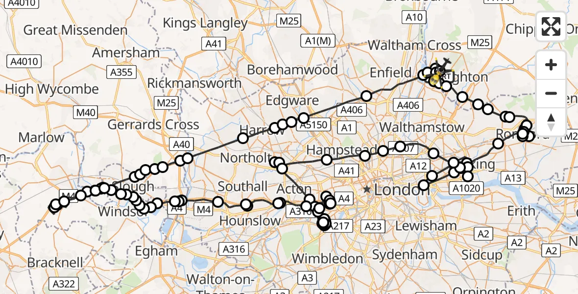 Flight path map showing Police Helicopter route from Metropolitan Police Air Support Unit Lippitts Hill to Metropolitan Police Air Support Unit Lippitts Hill