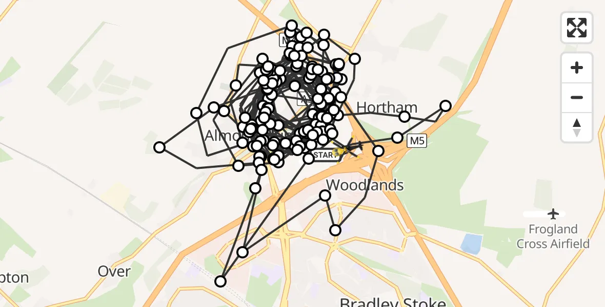 Flight path map showing Police Helicopter route from Almondsbury Helicopter Base to Almondsbury Helicopter Base