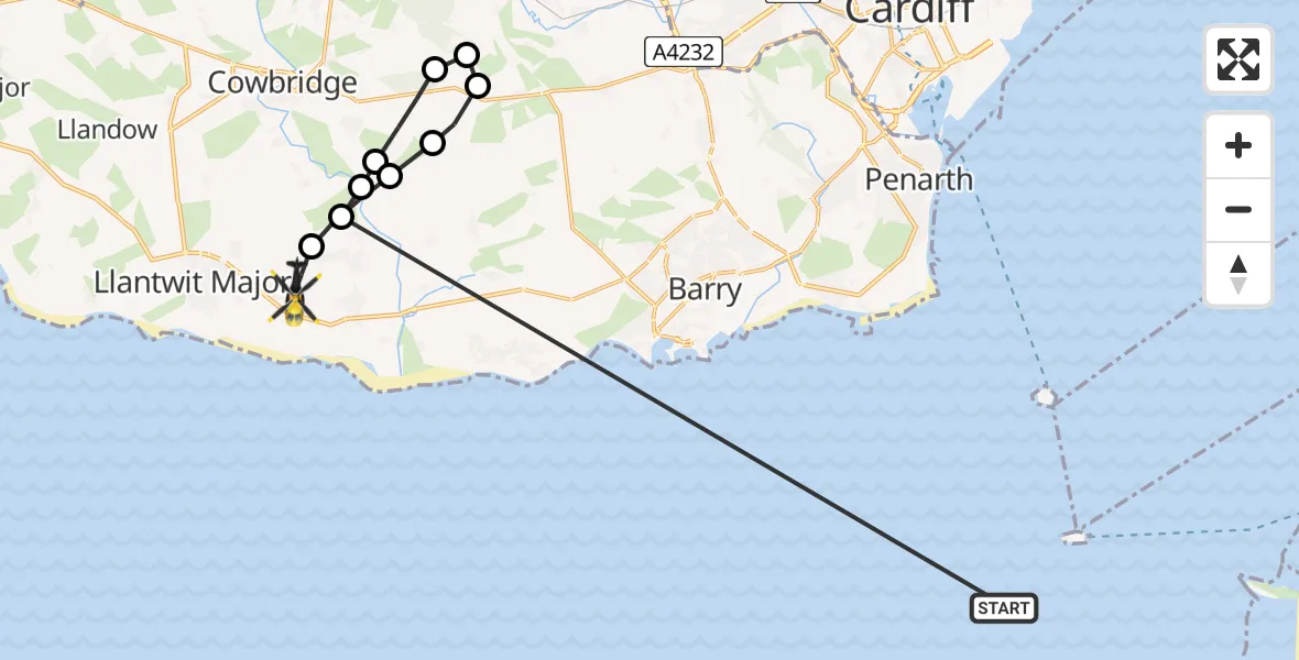 Flight path map showing Police Helicopter route from Bristol Channel to MOD St Athan
