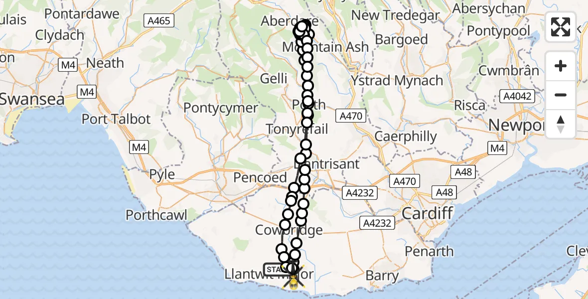 Flight path map showing Police Helicopter route from Llanmaes to MOD St Athan
