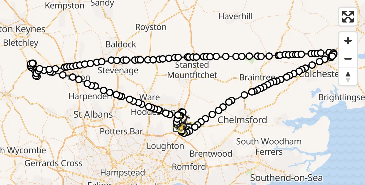 Flight path map showing Police Helicopter route from North Weald Airfield to North Weald Airfield