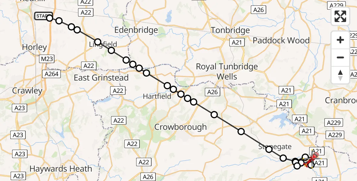Flight path map showing Air Ambulance Helicopter route from Redhill Aerodrome to Hurst Green
