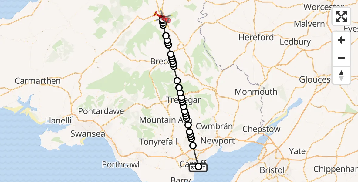 Flight path map showing Air Ambulance Helicopter route from Cardiff Heliport to Builth Wells
