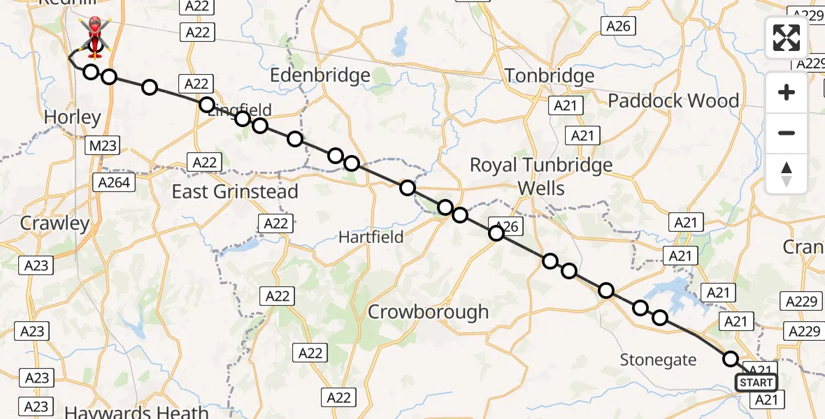 Flight path map showing Air Ambulance Helicopter route from Hurst Green to Redhill Aerodrome